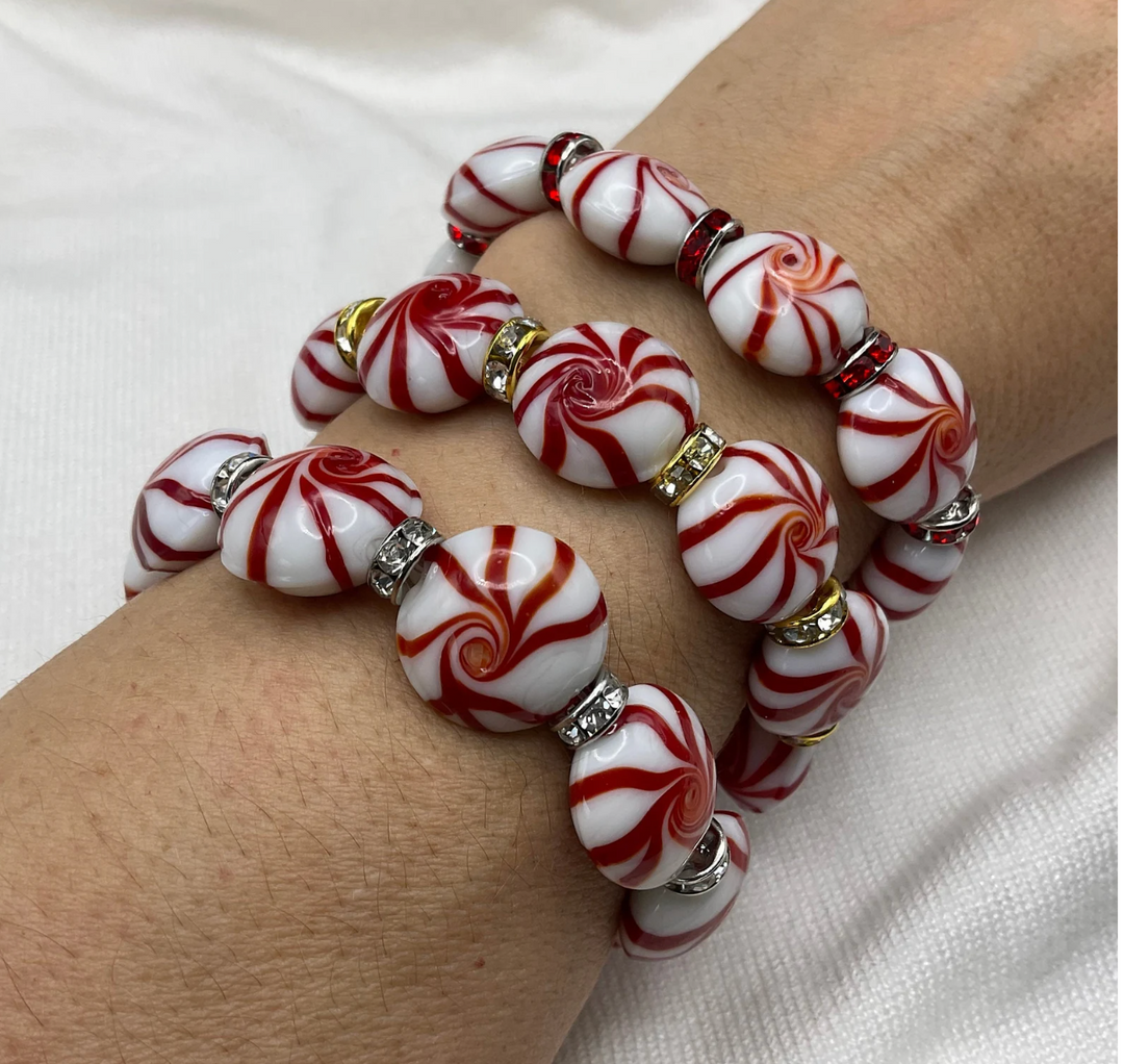 Peppermint Swirl Red Glass Beads – Hand-Painted Christmas Charm