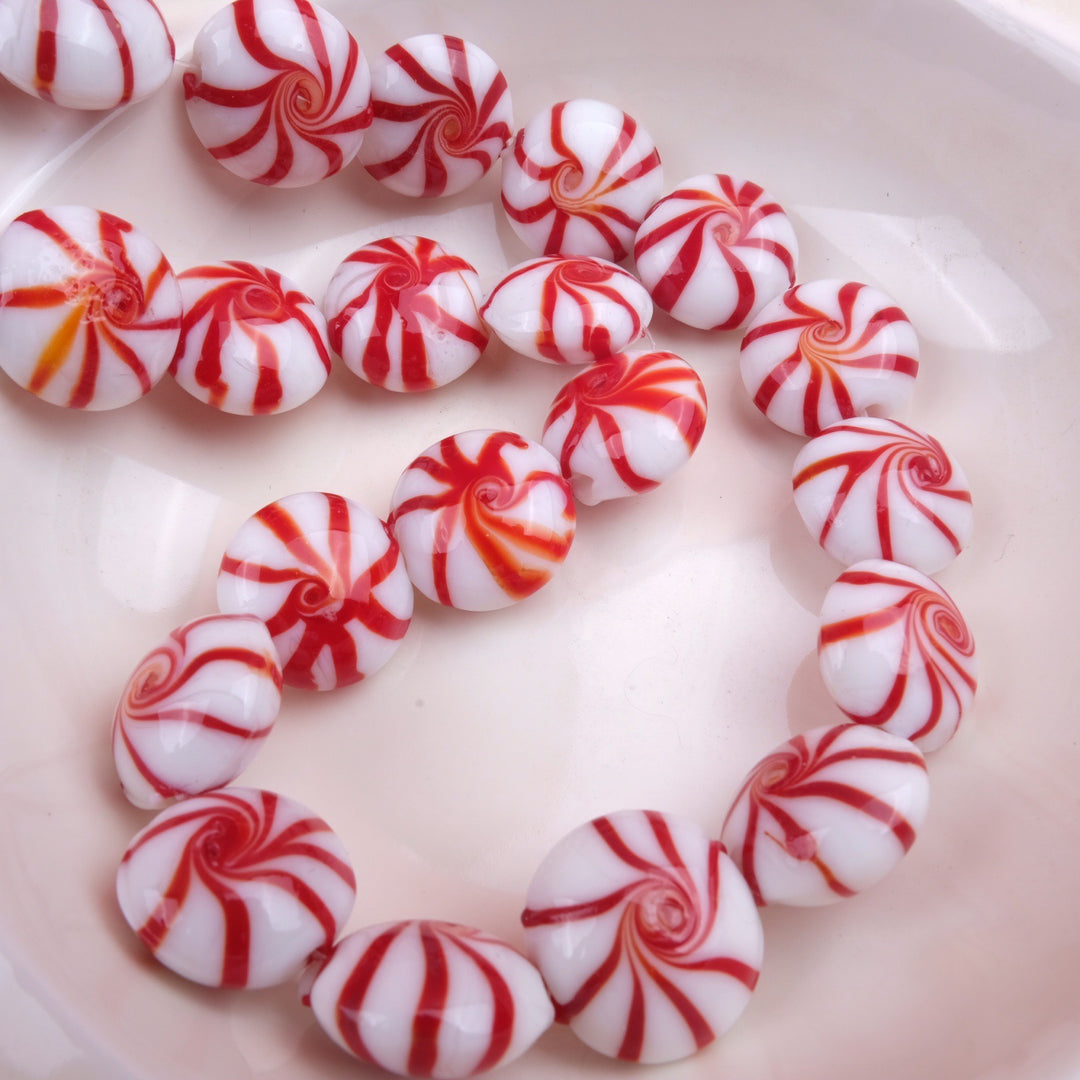 Peppermint Swirl Red Glass Beads – Hand-Painted Christmas Charm